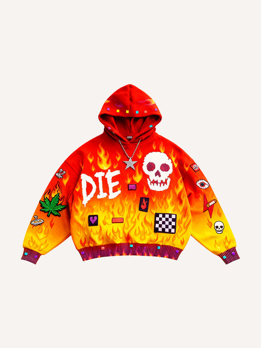 Passionate Classic Skull Print Maple Leaf Burning Y2K Hoodie