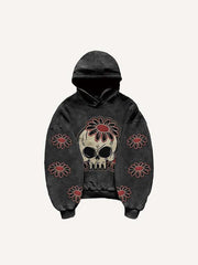 Skull Floral Heart Print Slant Pockets Hoodie