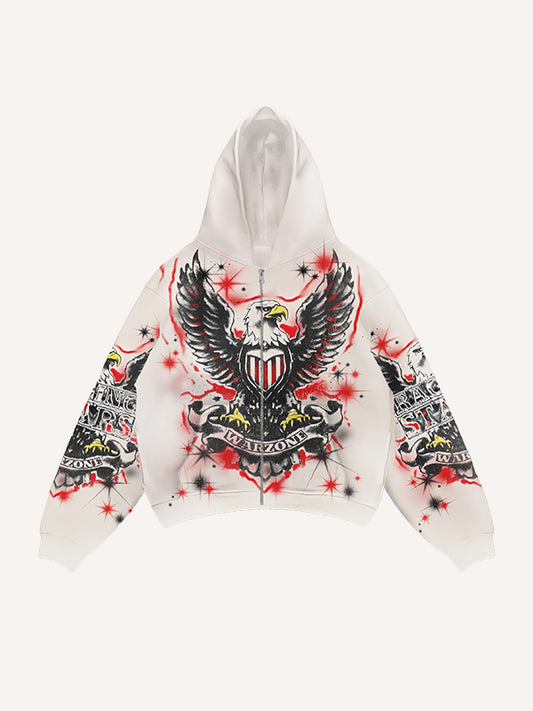 Printed hand-painted eagle textured hooded sweatshirt