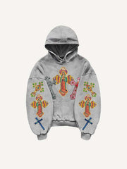 Mary Pray Cross Print Slant Pockets Hoodie