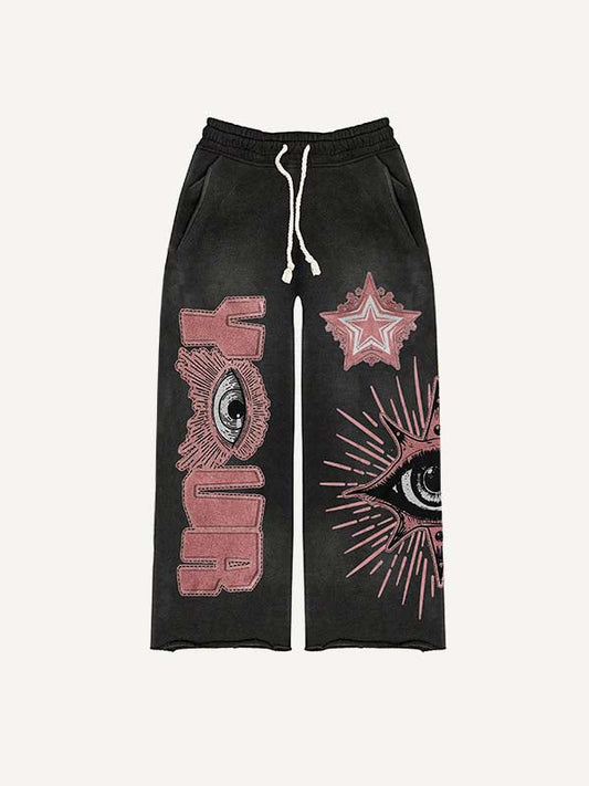 Eye Star Letter Print Elastic Waist Pants