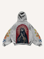 Mary Pray Cross Print Slant Pockets Hoodie