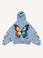 Butterfly Sun Moon Graphic Print Slant Pockets Hoodie