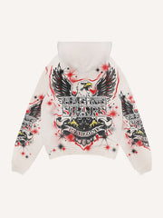 Printed hand-painted eagle textured hooded sweatshirt