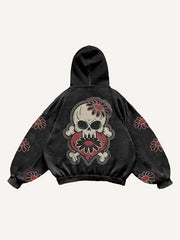Skull Floral Heart Print Slant Pockets Hoodie