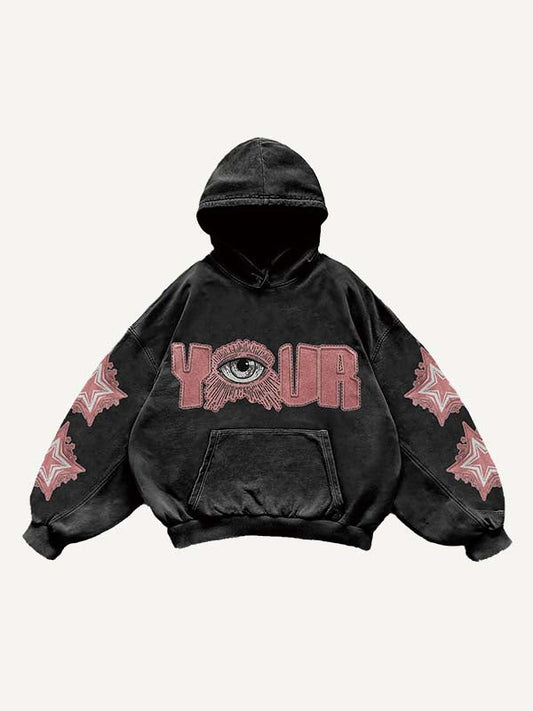 Eye Star Letter Print Slant Pockets Hoodie