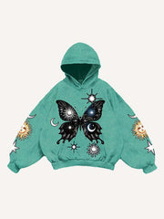 Butterfly Sun Moon Graphic Print Slant Pockets Hoodie
