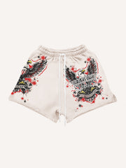 Printed hand-painted eagle textured hooded shorts
