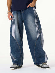 Denim Contrast Striped Stitching Barrel Jeans