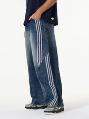 Denim Contrast Striped Stitching Barrel Jeans