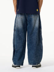 Denim Contrast Striped Stitching Barrel Jeans