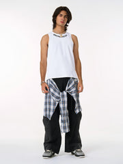 Denim Faux Two-piece Plaid Detachable Scimitar Jeans - 2435