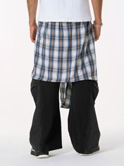 Denim Faux Two-piece Plaid Detachable Scimitar Jeans - 2435