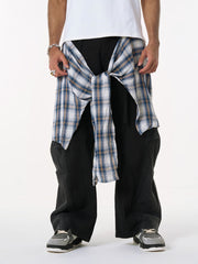 Denim Faux Two-piece Plaid Detachable Scimitar Jeans - 2435