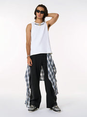 Denim Faux Two-piece Plaid Detachable Scimitar Jeans - 2435