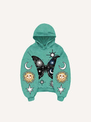 Butterfly Sun Moon Graphic Print Slant Pockets Hoodie