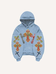 Mary Pray Cross Print Slant Pockets Hoodie