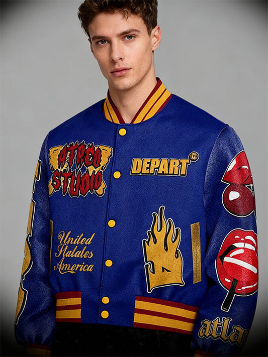 Trendy patchwork personalized lightweight printed red lip baseball jacket