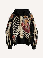 Knitted Heart Skeleton Printed Hooded Sweatshirt
