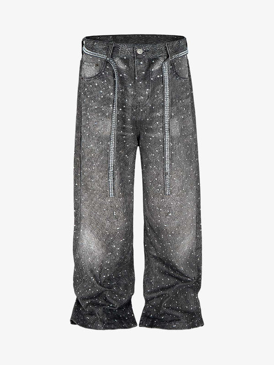 Denim Distressed Belt Diamond Decorated Jeans