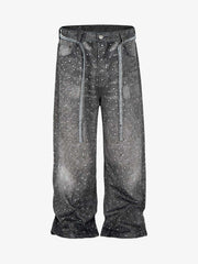 Denim Distressed Belt Diamond Decorated Jeans