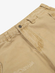 Cotton Hole Patch Pleated Multi-Pocket Cargo Casual Pants