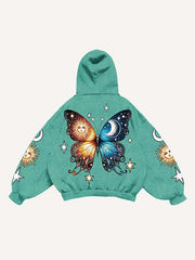 Butterfly Sun Moon Graphic Print Slant Pockets Hoodie