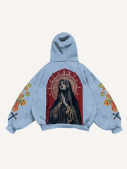 Mary Pray Cross Print Slant Pockets Hoodie