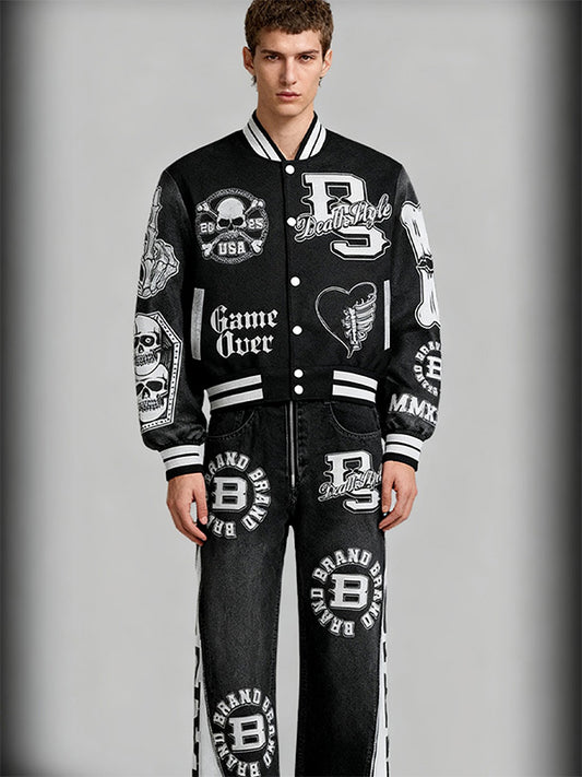 Skull patchwork handsome motorcycle style print baseball jacket