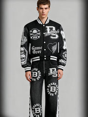 Skull patchwork handsome motorcycle style print baseball jacket