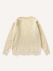 Cat Jacquard Hole Round Neck Knit Sweater