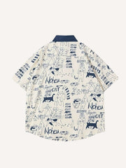 Cat Graffiti Print Lapel Shirt
