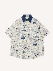 Cat Graffiti Print Lapel Shirt