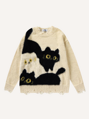 Cat Jacquard Hole Round Neck Knit Sweater
