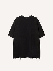 Distressed Washed Letter&Car Print Hole Round Neck T-shirt