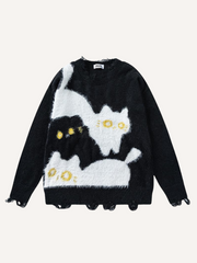 Cat Jacquard Hole Round Neck Knit Sweater