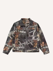 Branch&Camo&Leaf Print Denim Jacket