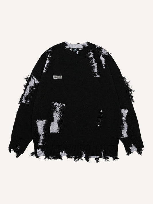 Colorblock Hole Round Neck Knit Sweater