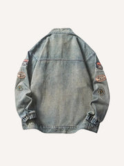 Distressed Washed Badge Embroidery Zip Up Denim Jacket