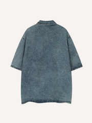 Distressed Washed Letter&Graphic Embroidery Denim Polo Shirt