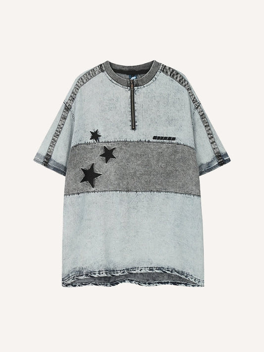 Colorblock Star Embroidery Half Zip Denim T-shirt