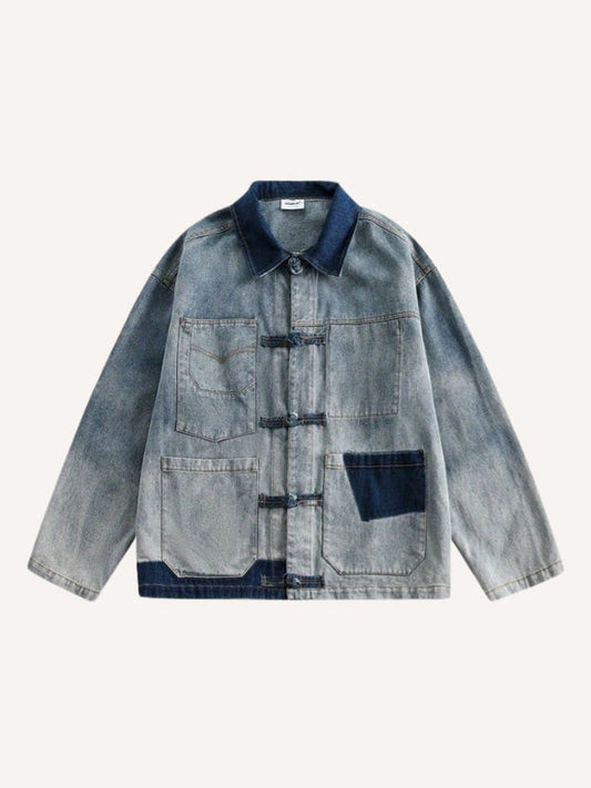 Distressed Washed Colorblock Button Denim Jacket
