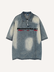 Distressed Washed Letter&Graphic Embroidery Denim Polo Shirt