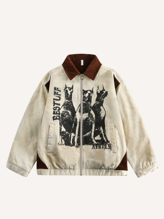 Dog&Letter Print Zip Up Jacket