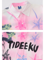 Tie-dye Letter Star Graffiti Print Lapel Shirt