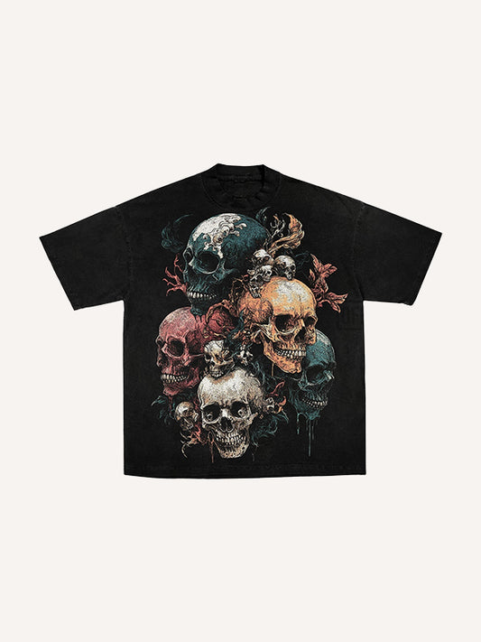 Skull and floral retro print short sleeves