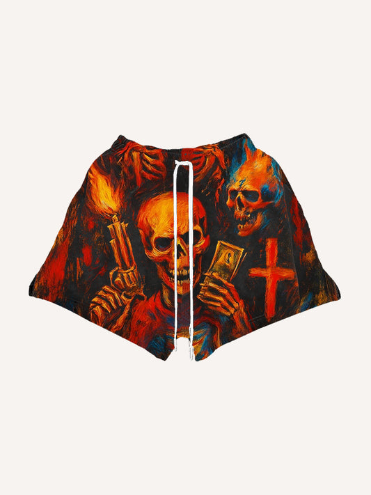 Hellfire Skull Distressed Comfort Hooded Cardigan Shorts