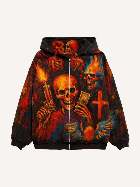 Hellfire Skull Distressed Comfort Hooded Cardigan Sweatshirt