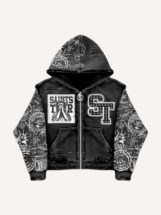 Heavy-duty washed zippered rhinestone sweatshirt