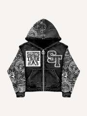 Heavy-duty washed zippered rhinestone sweatshirt